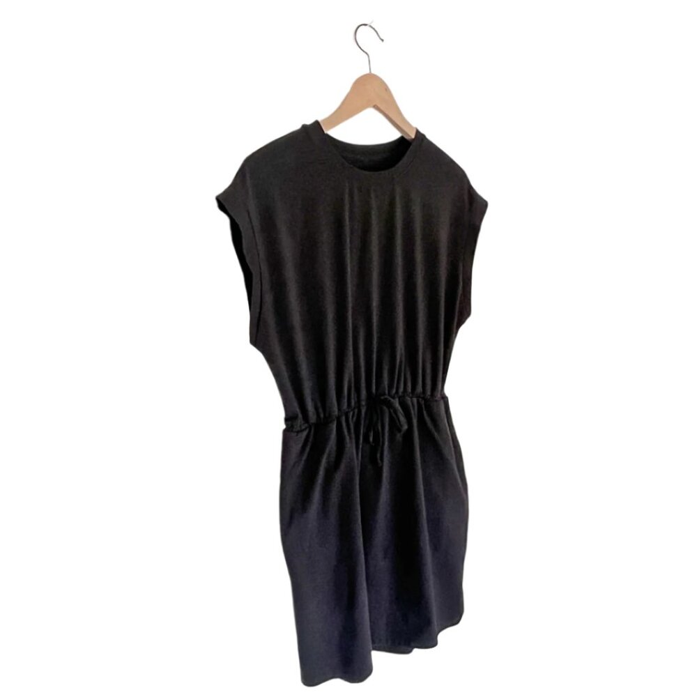 a new day Cap Sleeve Black Knit Drawstring Waist Dress, Size Large